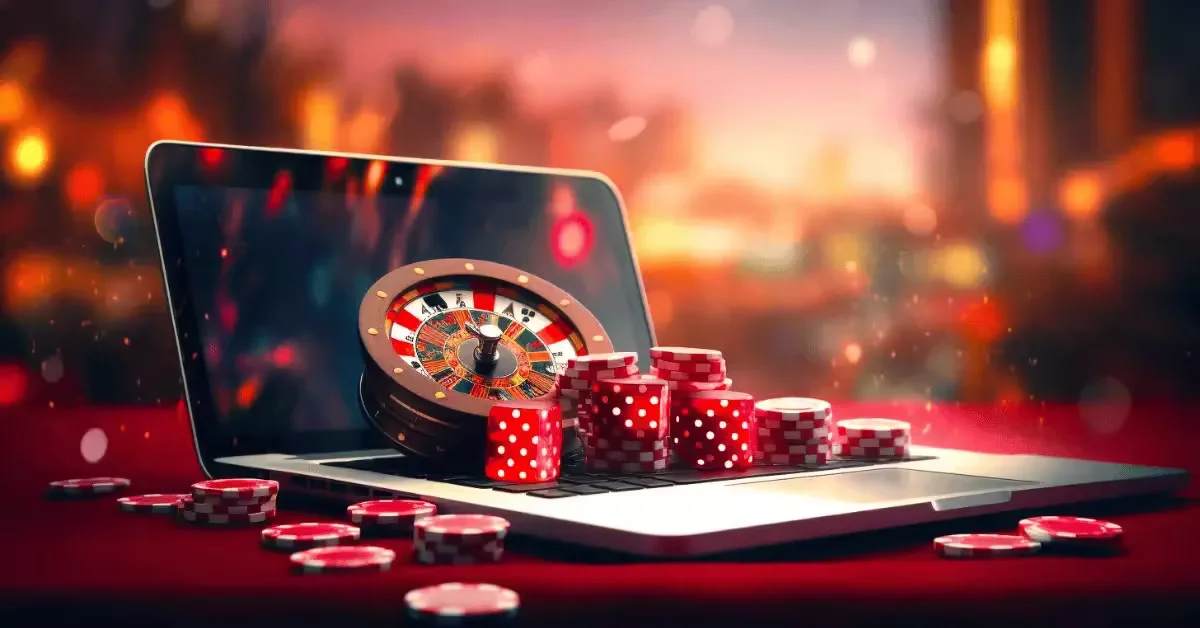 Uomo realistico seduto su un divano con smartphone in mano, sullo sfondo elementi casino luminosi come ruote della roulette, fiches da poker e insegne al neon, alto dettaglio