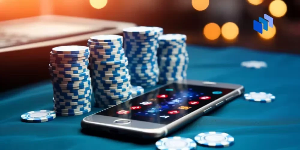 Sophisticated woman in sleek evening attire holding luminous casino chips against a vibrant neon backdrop with dramatic lighting